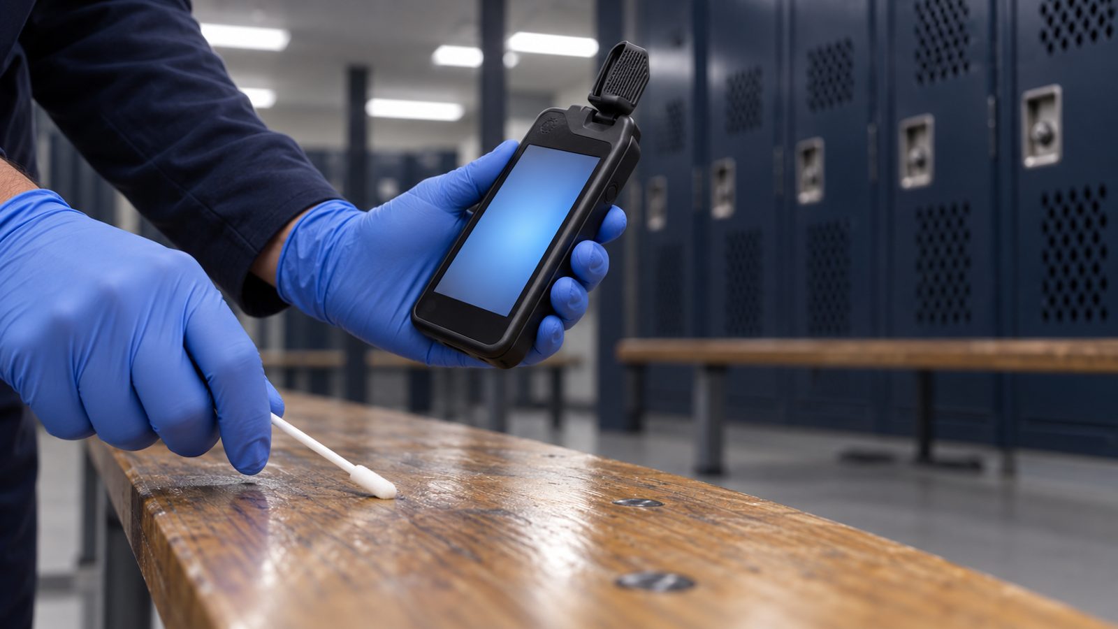 Illustrative: a gloved hand swabs a locker-room bench for ATP testing while holding a handheld luminometer, with lockers in the background.