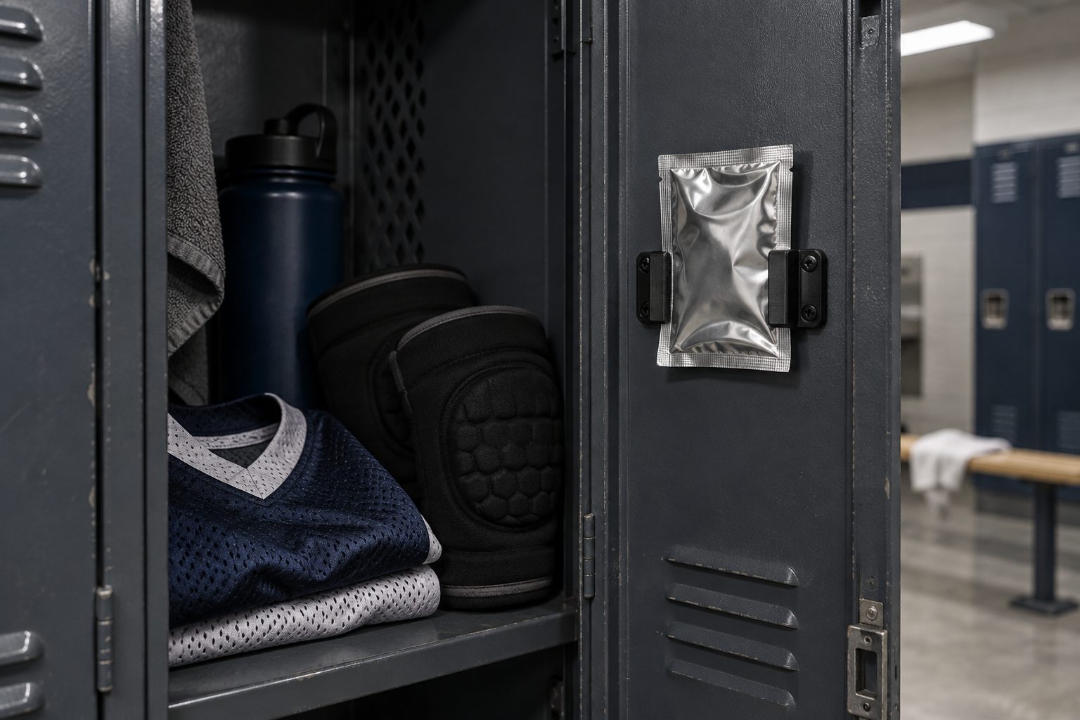 Illustrative: a Storage Defense sachet in a Shield3 holder mounted inside an open athletic locker beside knee pads and a practice jersey.