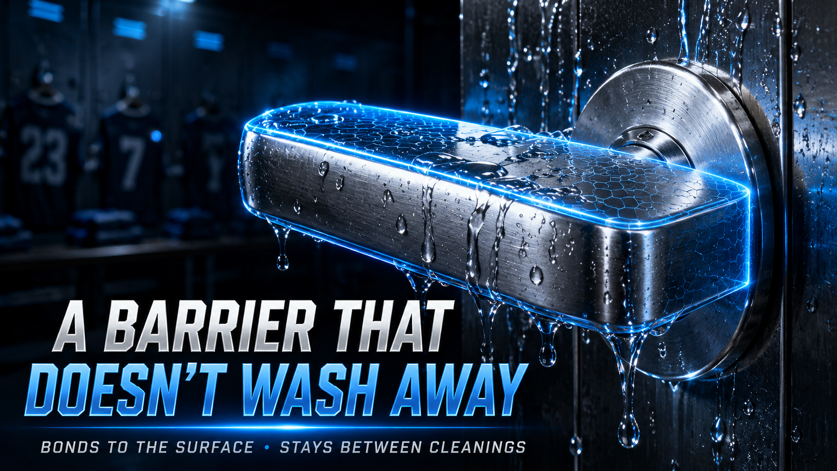 A barrier that doesn't wash away — Shield3 bonds to the surface and stays between cleanings, shown on a locker-room handle as water rinses off but the bonded barrier remains.