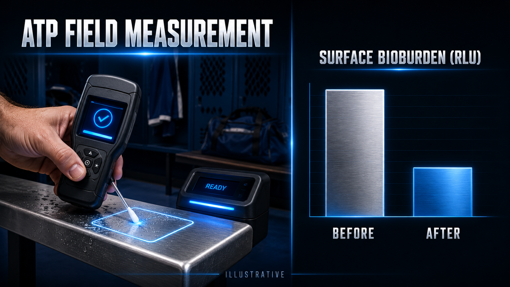 ATP field measurement: a handheld luminometer swabs a marked surface zone, and a before-and-after comparison shows surface bioburden in RLU dropping after treatment. Illustrative.