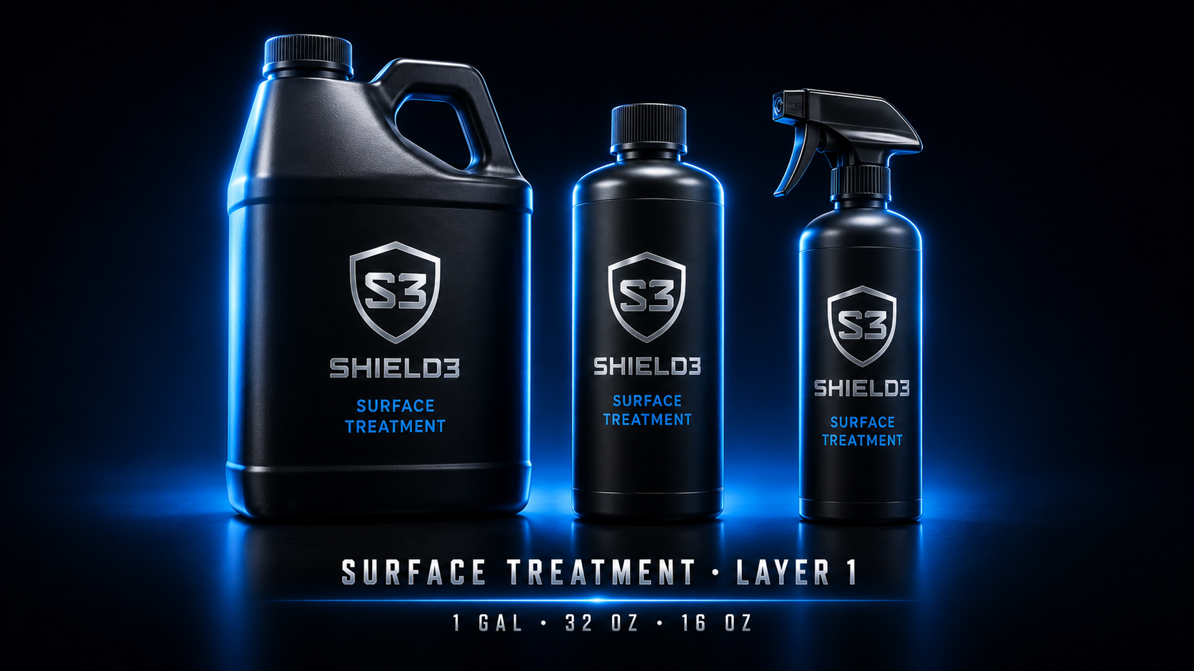Shield3 Surface Treatment, Layer 1, in 1-gallon, 32 oz, and 16 oz sizes.