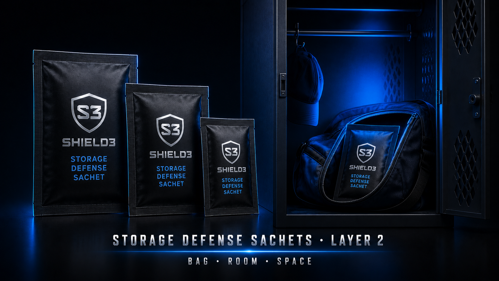 Shield3 Storage Defense Sachets, Layer 2, in Bag, Room, and Space sizes, treating the air inside enclosed storage.
