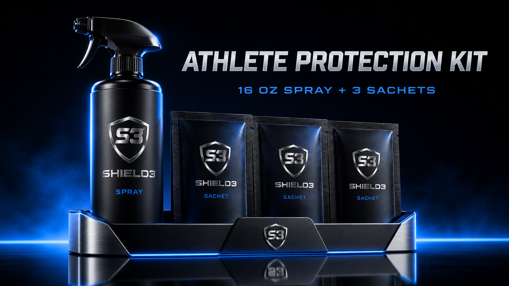 Shield3 Athlete Protection Kit — a 16 oz surface spray plus three sachets.