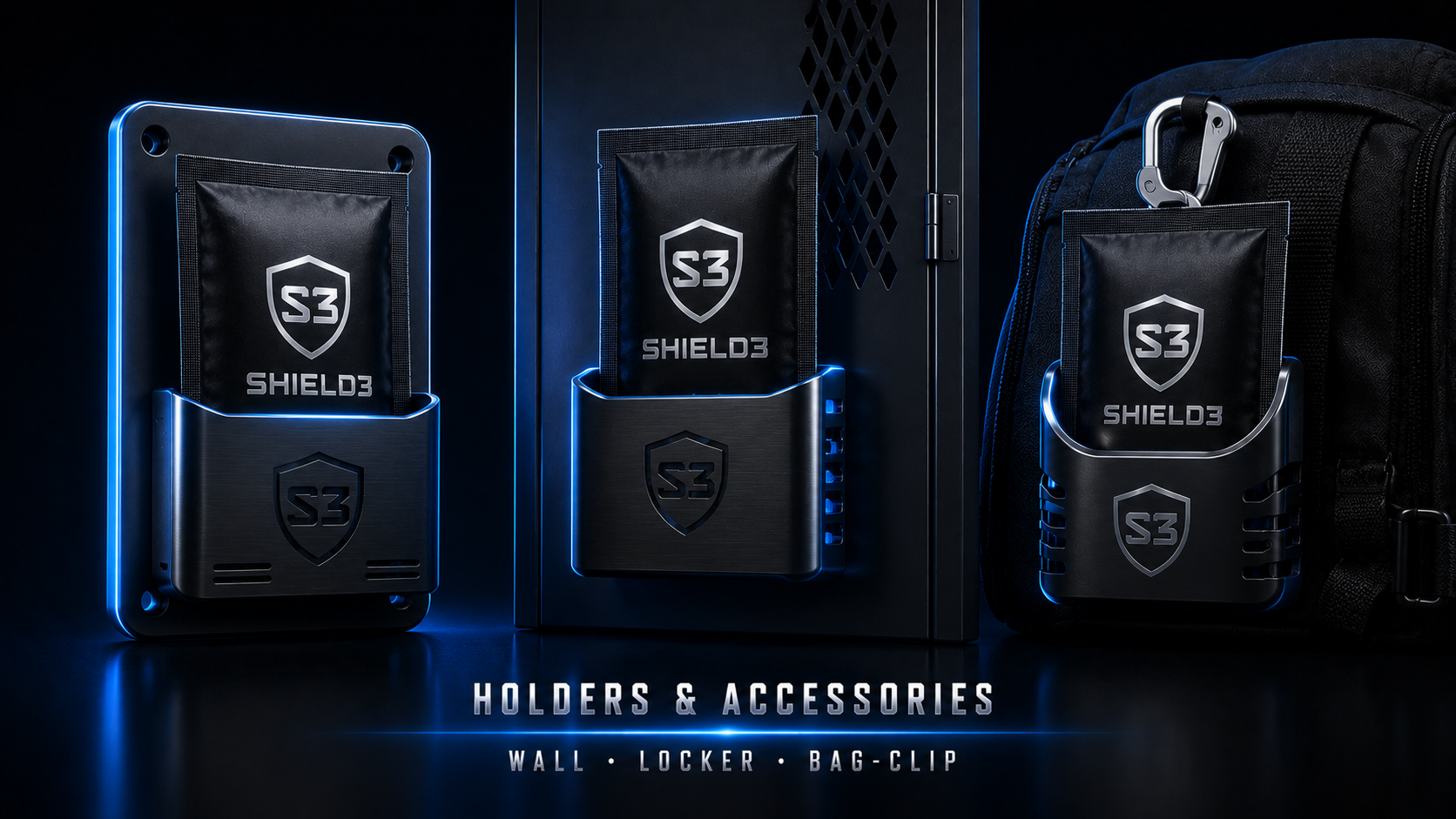 Shield3 Holders and Accessories — wall, locker, and bag-clip mounts for sachets.