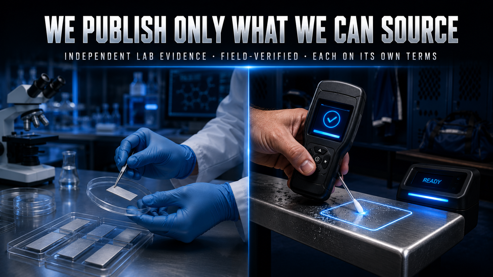 We publish only what we can source — a split of independent laboratory evidence and field-verified ATP testing, each reported on its own terms.