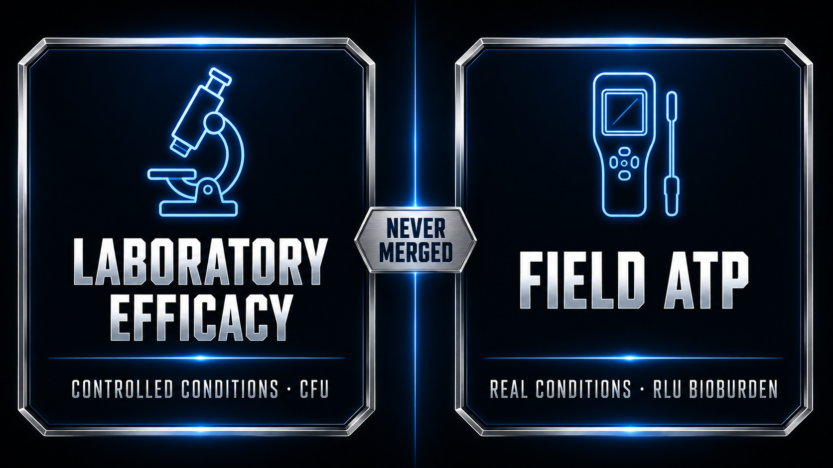 Laboratory efficacy (controlled conditions, CFU) and field ATP (real conditions, RLU bioburden) are kept as separate evidence streams and never merged.